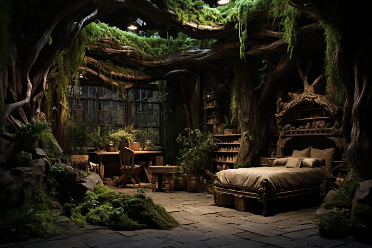 Forest room wooden furniture, walls covered with boards and hung with branches, leaves, herbariums. Lots of greenery and stones, imitation of a stream.