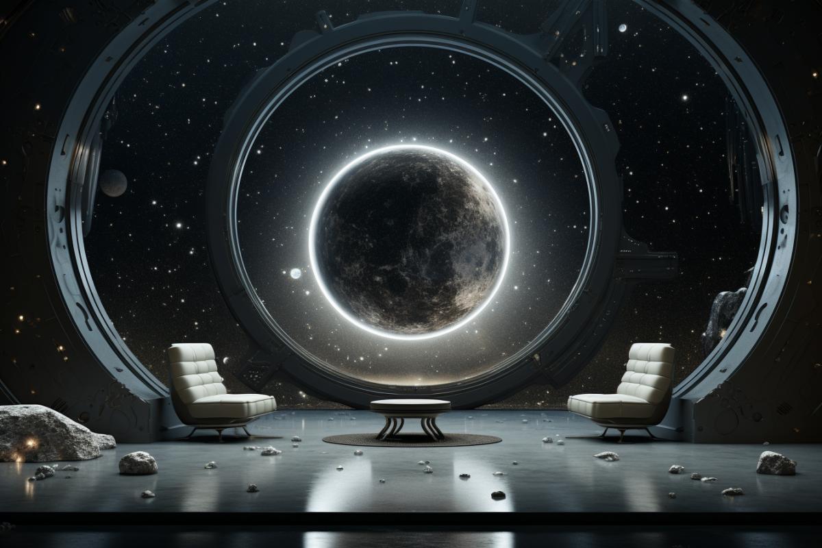 Cosmic interior the walls are hung with images of galaxies, stars, planets, on the floor there is an image of a dark hole. Furniture of futuristic shapes.