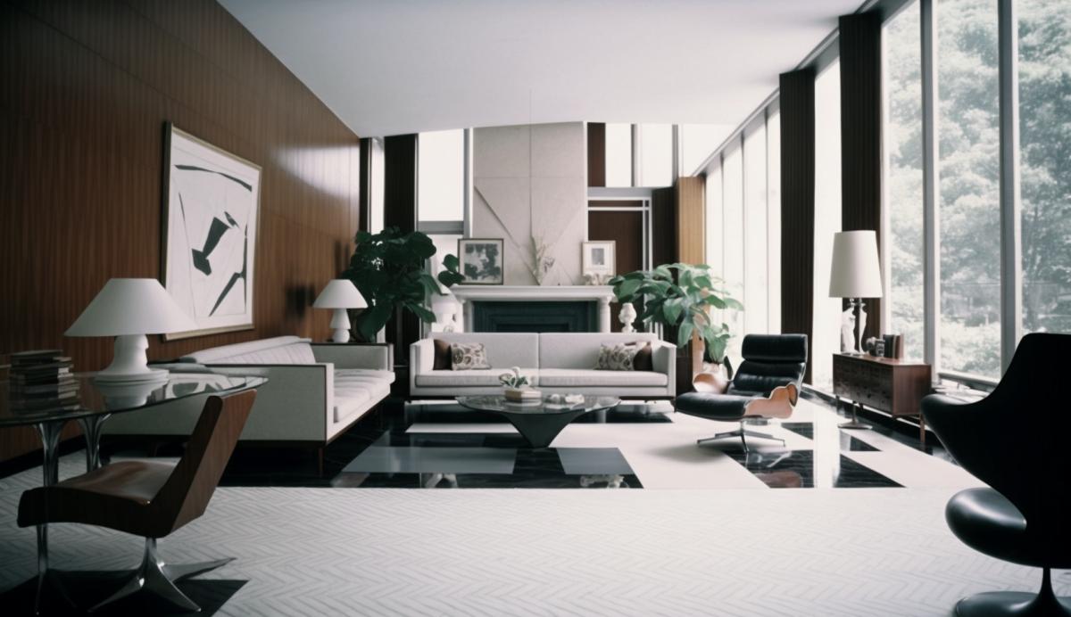 Full Shot of A living room that reflects I. M. Peis modernist style. The room features clean lines, geometric shapes, and a glwall that floods the space with natural light. A minimalist color palette allows the architecture to take center stage. I. M. Pei, Modernist, Clean Lines, Geometric Shapes, Natural Light s 500 style raw