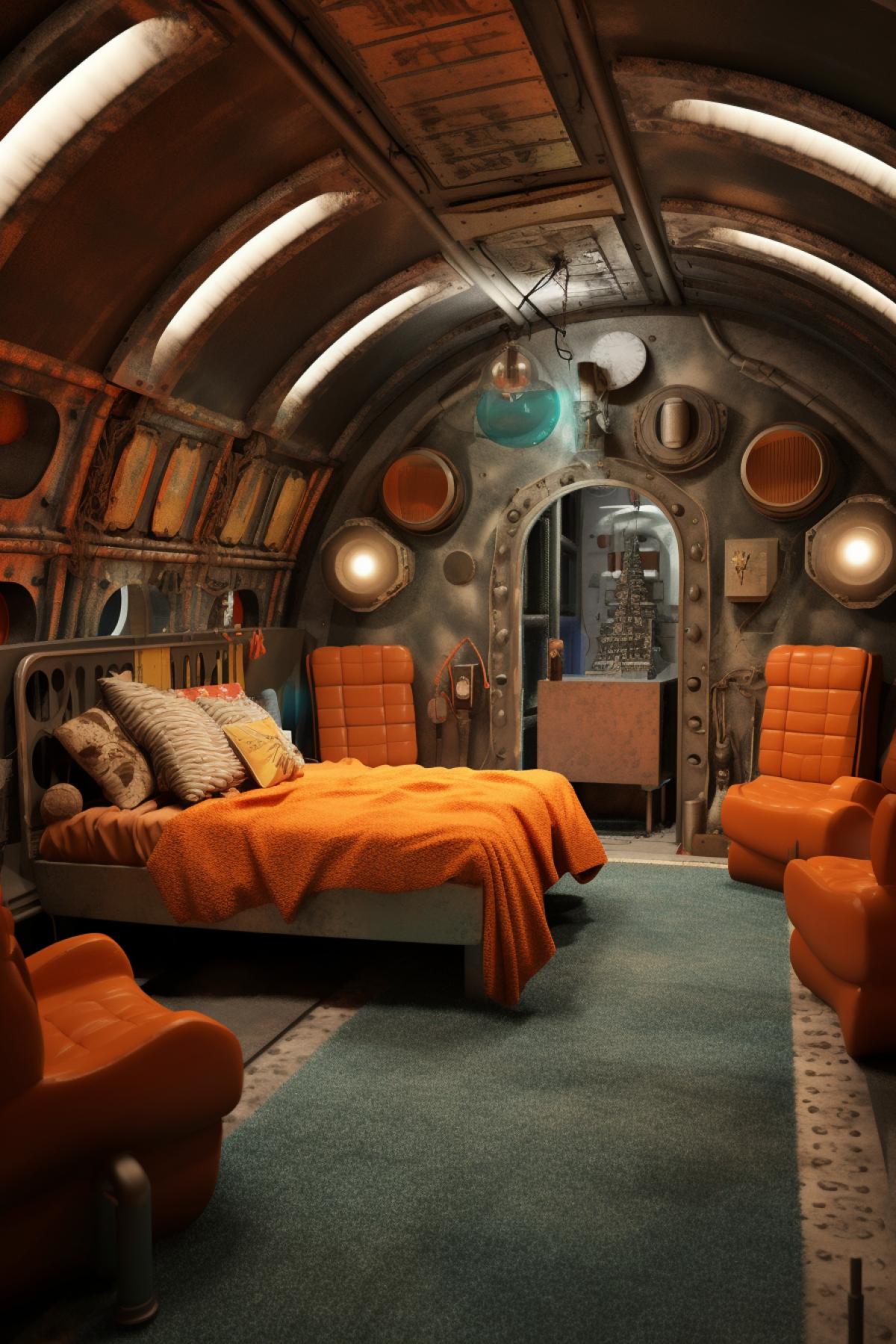 A room resembling the interior of a rusty airplane cabin. This unique setting immerses us in the world of creative and unconventional interiors. The illustration may feature fantastic decor, unconventional furniture solutions, vibrant color palettes, groundbreaking ideas, or even surreal elements within interior design.