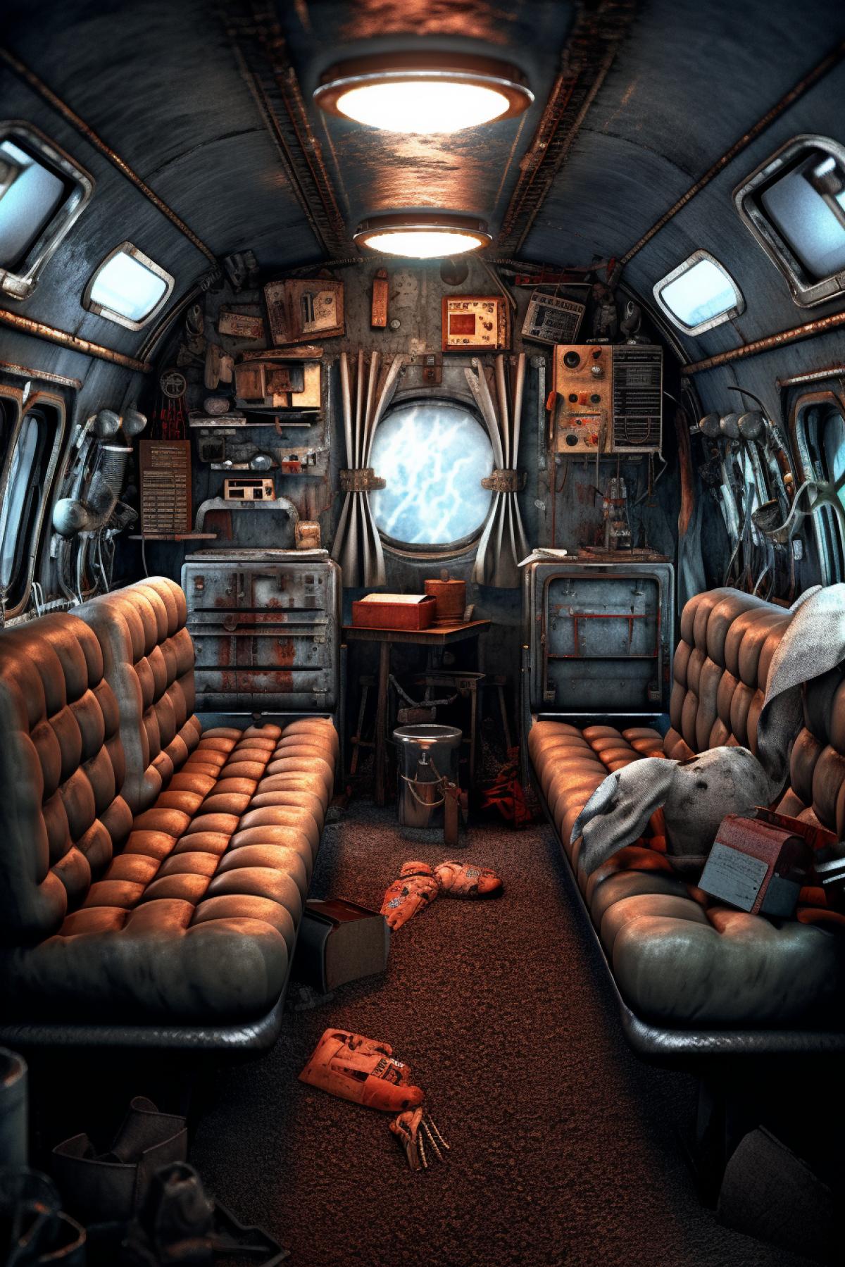 A room resembling the interior of a rusty airplane cabin. The illustration feature fantastic decor, unconventional furniture solutions, vibrant color palettes, groundbreaking ideas and even surreal elements within interior design. cinematic look, soothing tones, insane details, intricate details, hyperdetailed, low contrast, soft cinematic light, dim colors, exposure blend, hdr, faded, slate gray atmosphere