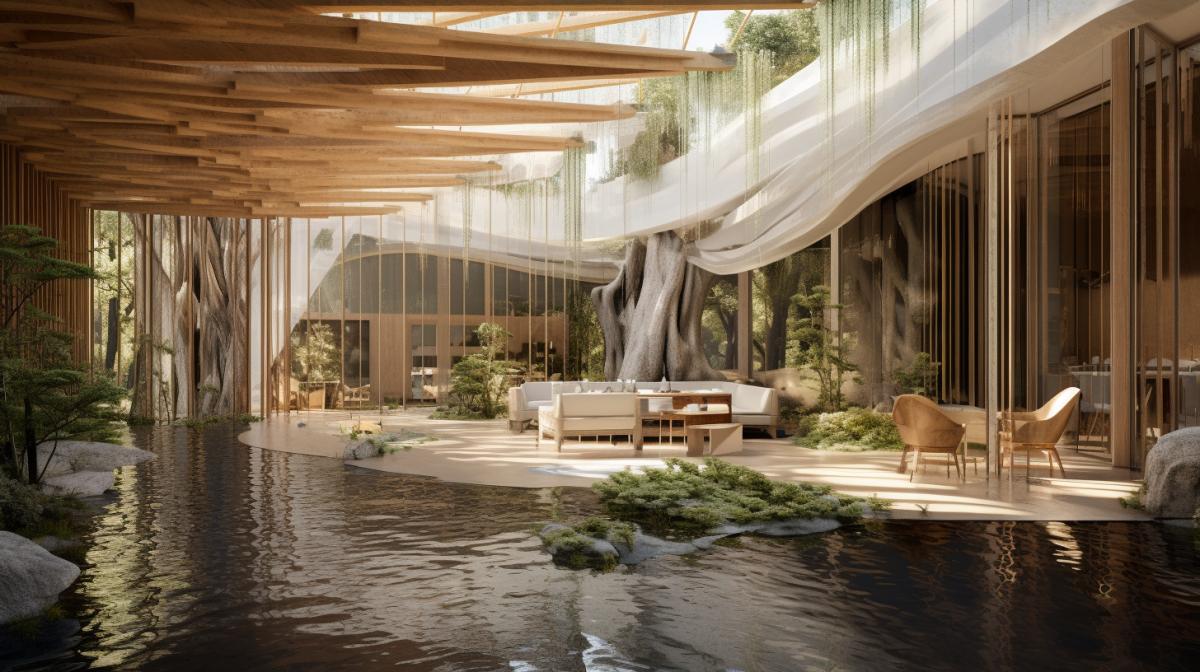 large interior by Kengo Kuma, Harmonious blend of natural elements and modern design, an eco-friendly structure, pools and falling water