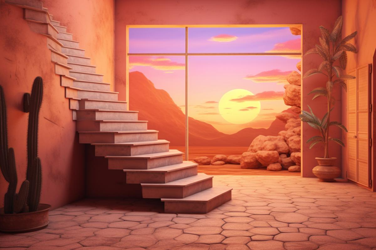 with stairs in the desert, a room with bright light coming into an empty space, in the style of richly colored skies, photorealistic representation, terracotta, tumblewave, detailed marine views, reverent and tranquil, eye-catching com4k, otherworldly illustrations, dreamlike illustration