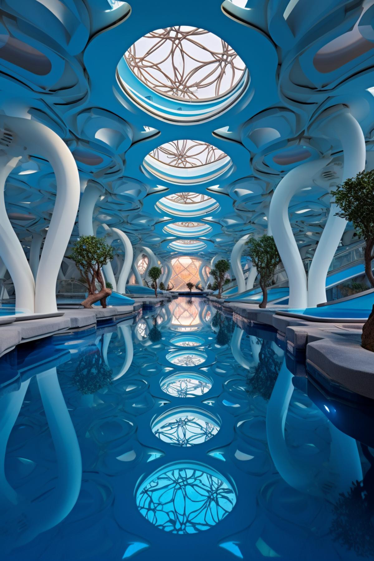 an indoor waterway with a blue roof above, in the style of intricate geometric, 32k uhd, schlieren photography, dau al set, serene oceanic vistas, spherical sculptures, engineering/construction and design