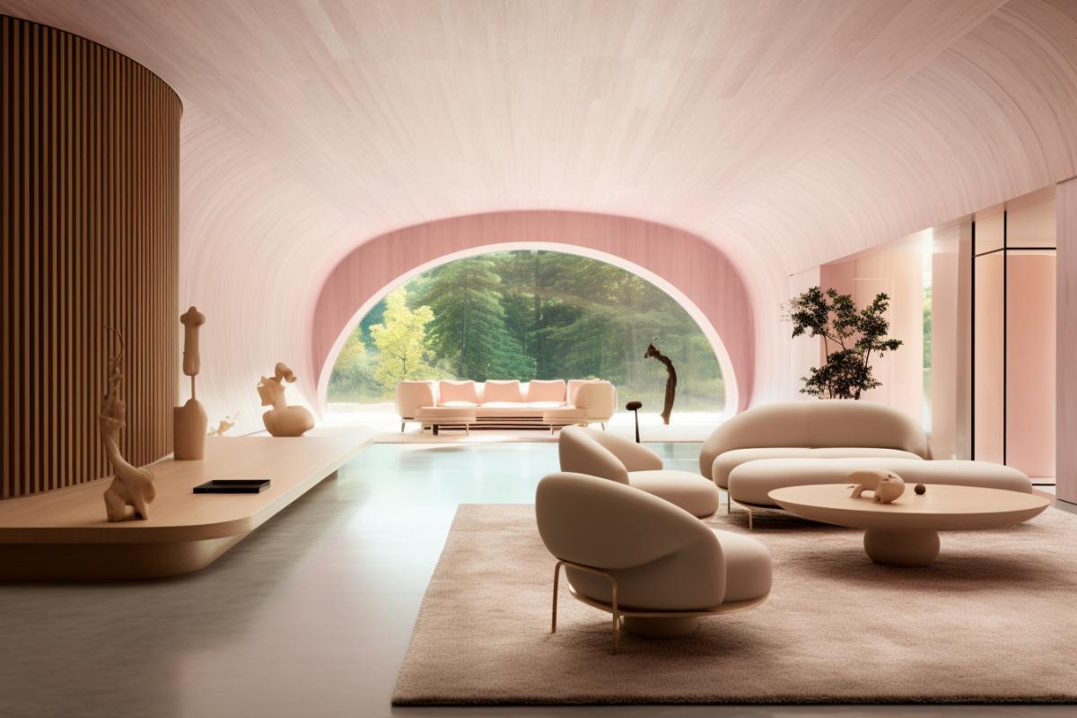 a view under an overhang to see a sofa and chairs in an elegant pink villa, in the style of minimalist abstracts, wood