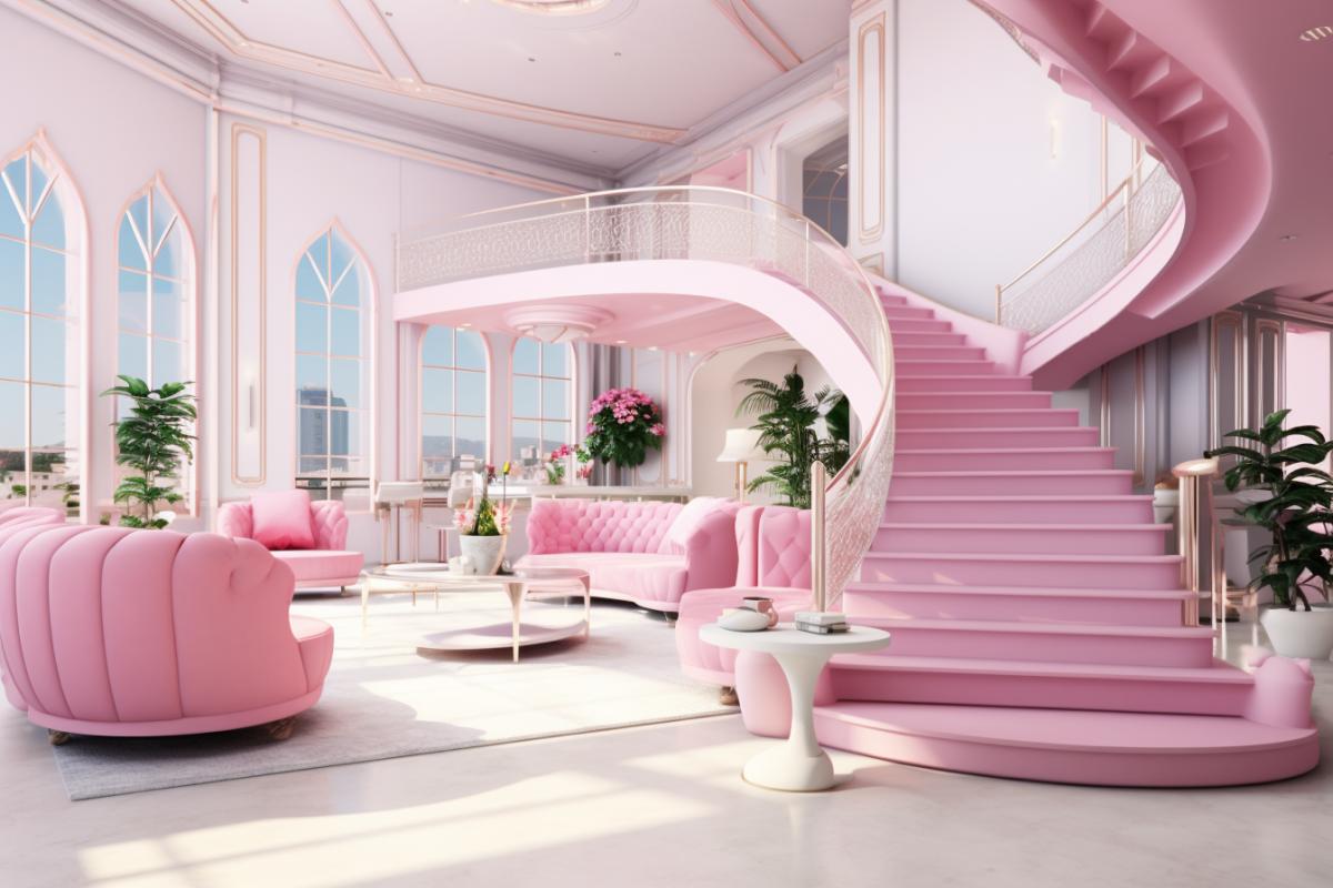 realistic modern comfy pink mansion interior