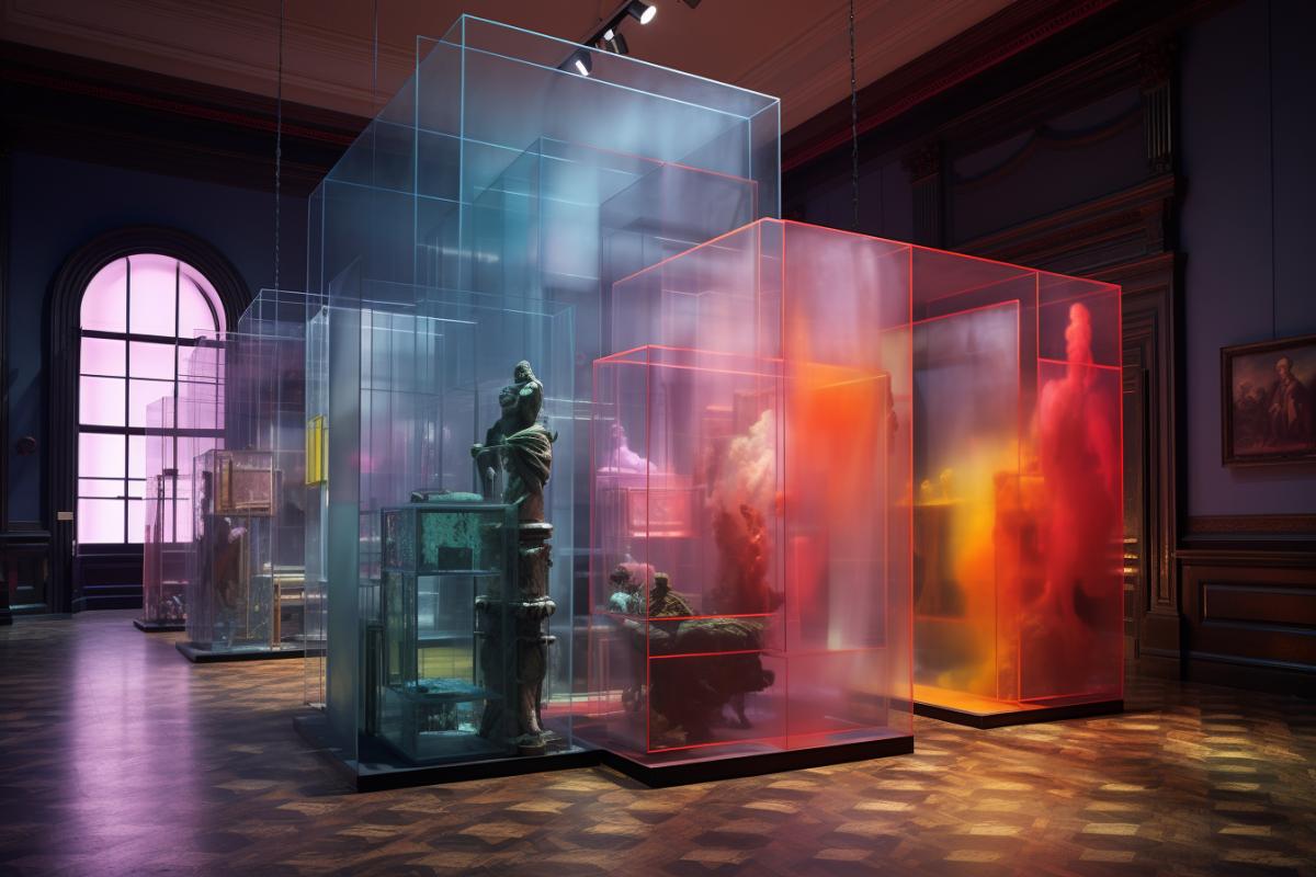 Soane Museum with foggy glbotanic filled boxes, reflective ground, baroque postmodern distorted interior where a small group of inventors collaborate, the scene is a postmodern colourful noir wire filled hyperreal environment in octane3d