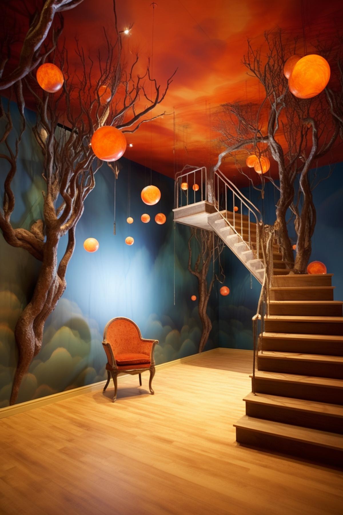 An otherworldly room featuring gravity-defying furniture, where vibrant, surreal colors blend seamlessly with natural elements. A tree grows upside-down from the ceiling, its roots reaching for the floor, while floating staircases lead to nowhere. Luminescent orbs cast a dreamlike glow, illuminating a landscape that defies the laws of physics.