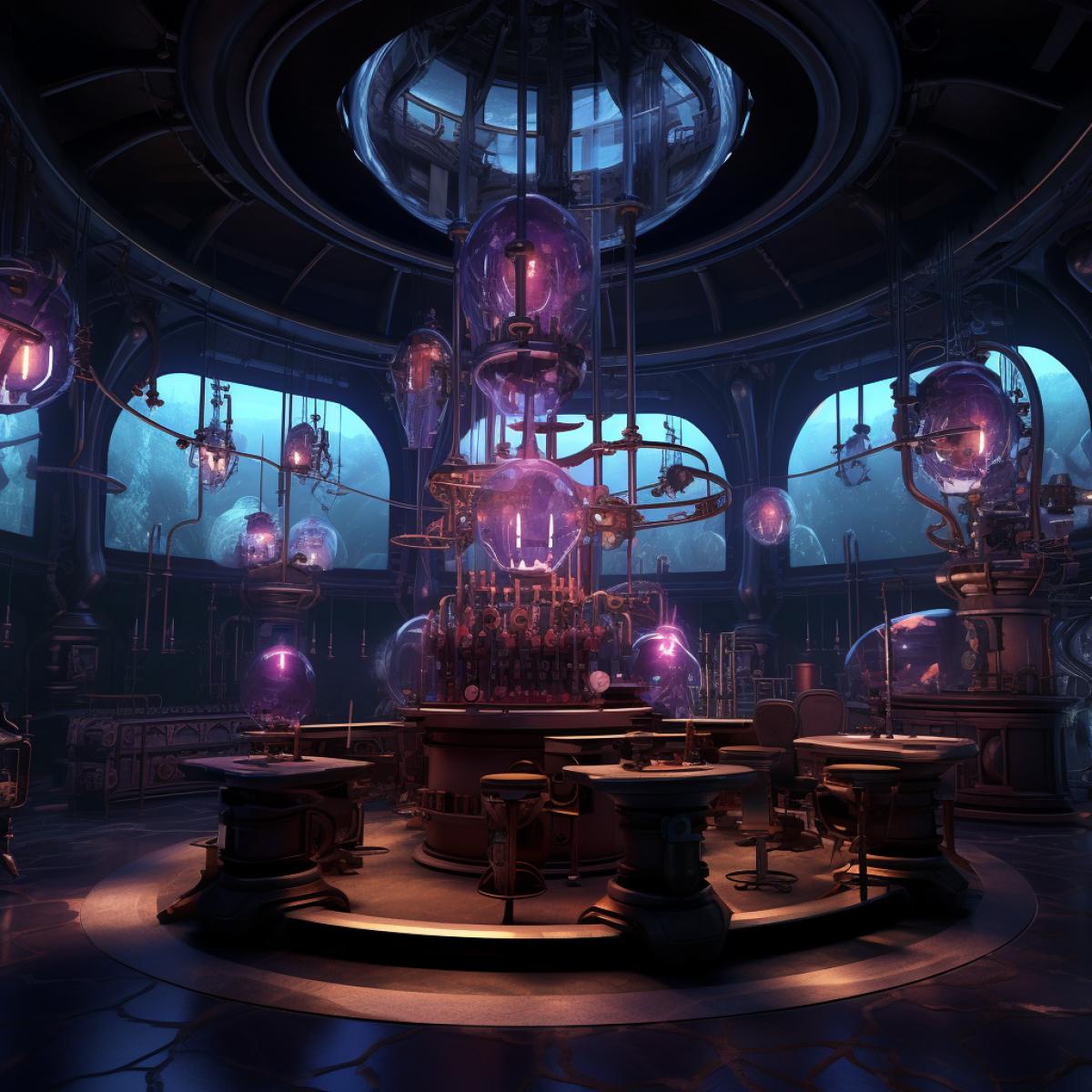 mad scientist laboratory interior, steampunk setting, realistic detailed laboratory background, huge gltanks holding monstrous experiments, intricate detail, purple glow, dramatic lighting, wide angle, photorealistic, atmosphere, unreal engine, octane render, volumetric lighting, ray tracing, Photorealism, pixar style design, Very high detail, Sony Alpha a7