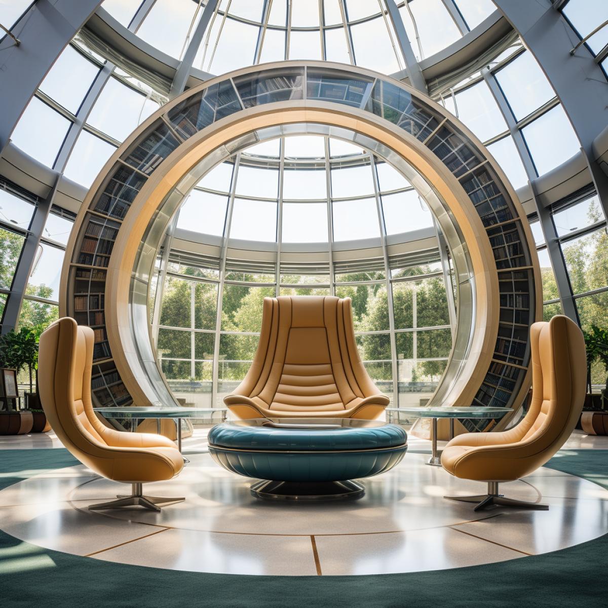 futuristic circular library with single comfy chair, зrofessional Real Estate Photography, interior, wide angle, clear, bright, high-quality, Canon EOS 5D Mark IV DSLR, Adobe Photoshop, professional, corporate, award-winning, glibatree style --no blurry, poorly lit