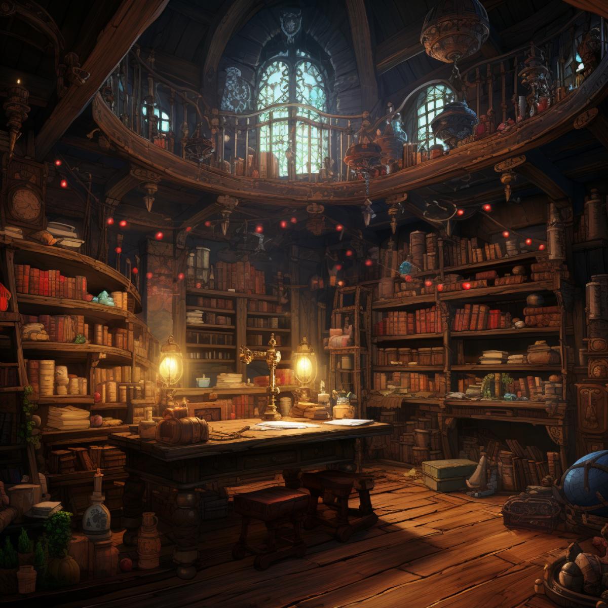 A medieval fantasy interior room filled with codex ancient scrolls maps artifacts wooden desk shelves glflasks and bottles wooden floor, open window at night, dark dank interior, candlelight, warmly lit, muted colorful, intricately detailed texture, in the style of hayao miyazaki studio ghibli films