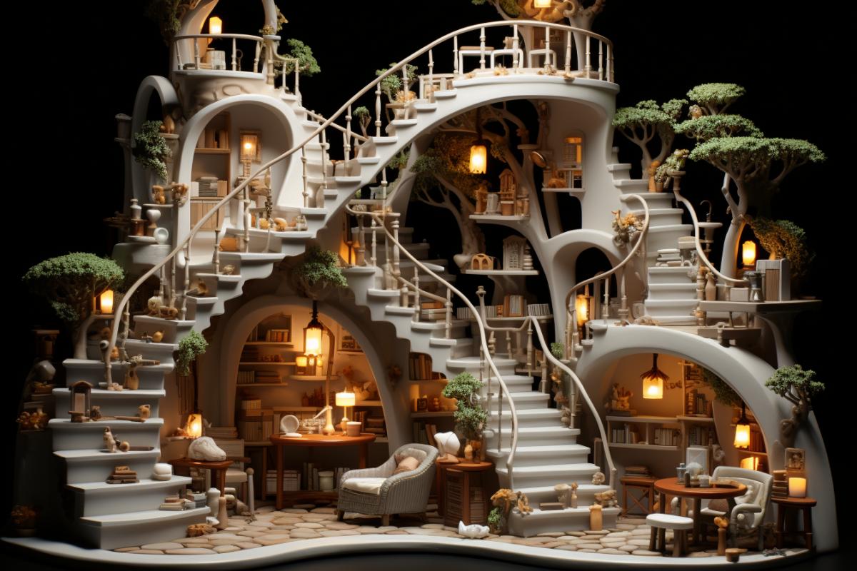 an unusual interior for an Escher-style anti-cafe, with an inverted staircase from ceiling to floor that leads nowhere, with futuristic scar lamps on long legs, several soft sofas and armchairs of different sizes, styles and colors, and several different tables for tabletops games, with shelving and bookshelves placed in unexpected ways, soft warm slightly bright lighting