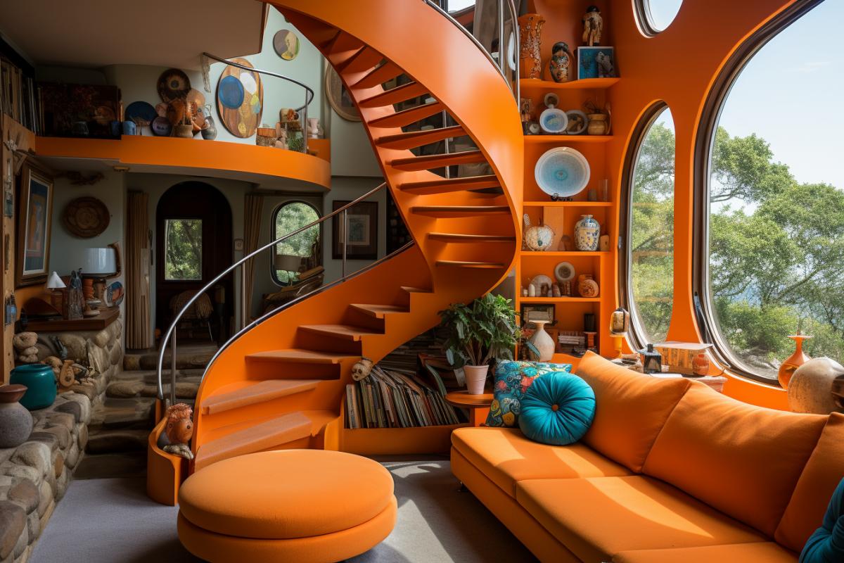 an unusual interior for an Escher-style anti-cafe, with an inverted staircase from ceiling to floor that leads nowhere, with futuristic scar lamps on long legs, several soft sofas and armchairs of different sizes, styles and colors, and several different tables for tabletops games, with shelving and bookshelves placed in unexpected ways, soft warm slightly bright lighting
