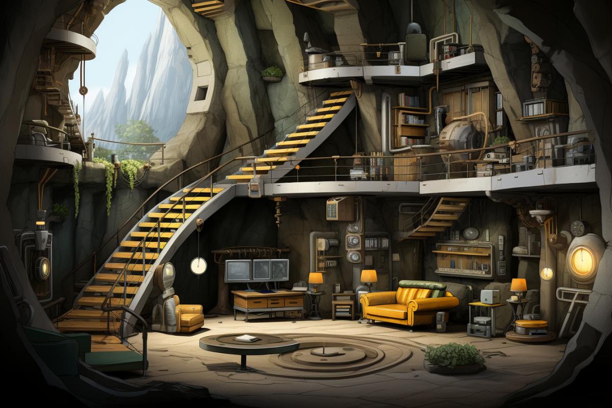 an unusual interior for an Escher-style anti-cafe, with an inverted staircase from ceiling to floor that leads nowhere, with futuristic scar lamps on long legs, several soft sofas and armchairs of different sizes, styles and colors, and several different tables for tabletops games, with shelving and bookshelves placed in unexpected ways, soft warm slightly bright lighting