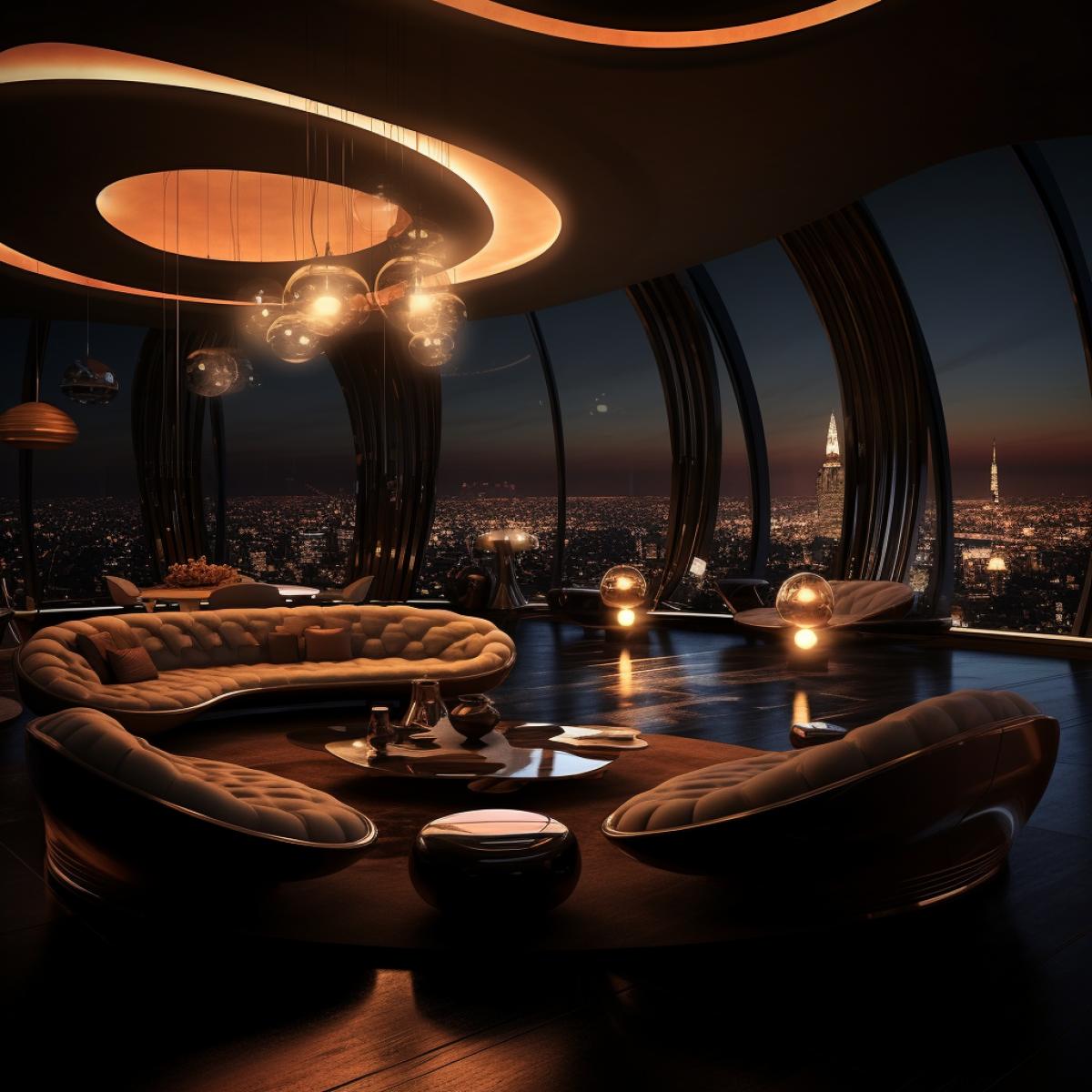 Interior architecture design, a luxuriously dark penthouse displaying the retro-futuristic charm through copper tube lighting, domed furniture, and an abstract, rotating sculpture, William L. Pereira, Syd Mead, Archigram, Phase One XF IQ4, focusing on the age-worn luxury of patinated metals and futuristic forms, 32k UHD