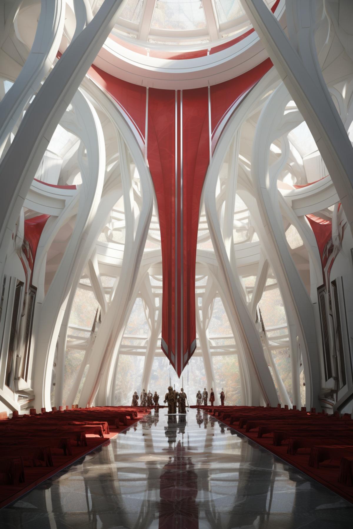 A very large futuristic white concrete hall interior filled with giant red heraldic banners that hang from floor to ceiling, with huge vertical windows that allow soft sunrays to enter the hall of pillars, thousands of dark futuristic soldiers with small red details stand in formation awaiting their next command from their leade