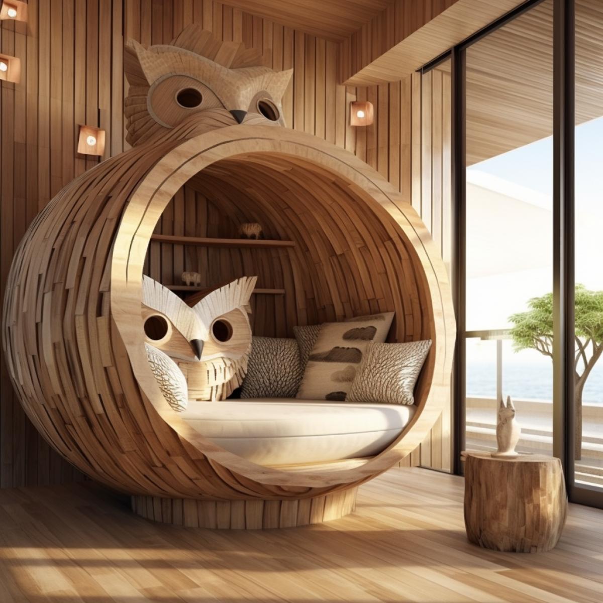 interior design, a house made for owls, natural light, wooden owl friendly furniture