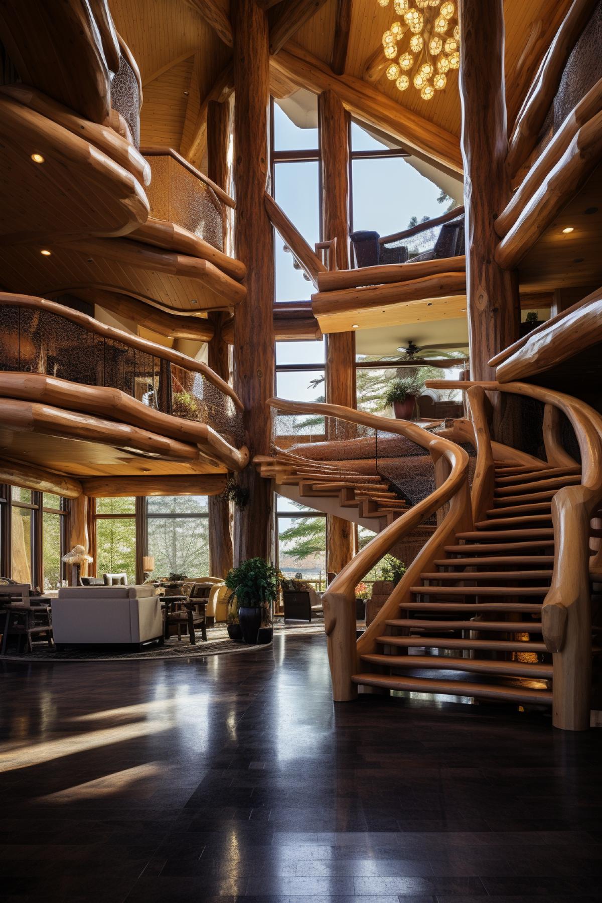 interior of a hypermodern log mansion with tiered floors, beautiful lighting, stunning, awe-inspiring, wide angle, dwell magazine photo, canon nikon nikkor zeiss leica hasselblad, 20mm photo, award-winning photography