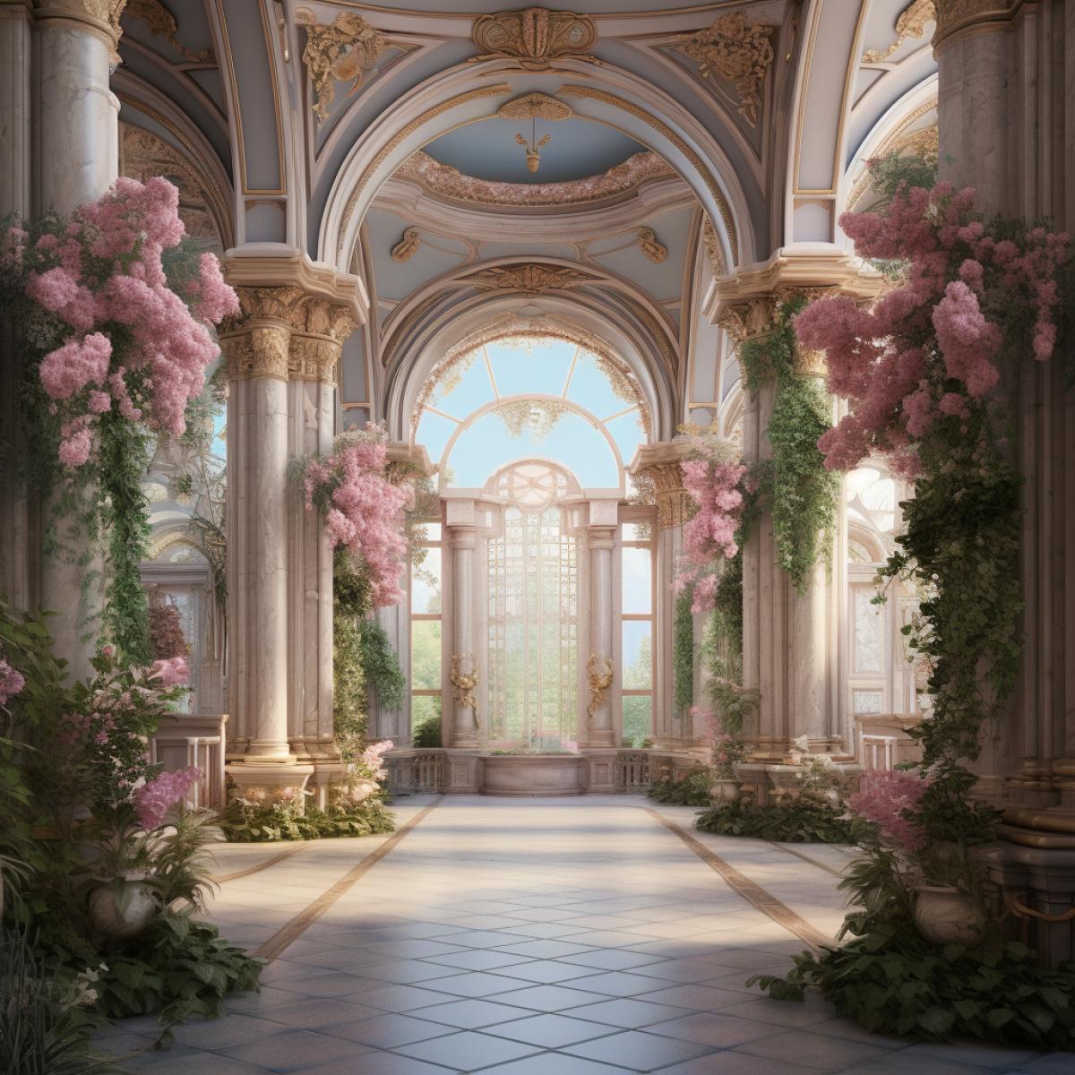 a huge hall in a classical style, glcolumns, arched windows with windscreens, voluminous sunlight, classical patterns in gold, sculptures of gods, pink turquoise, ivy wrapped around 60% of the interior, many small pink flowers around, photographic style, many details, high detail