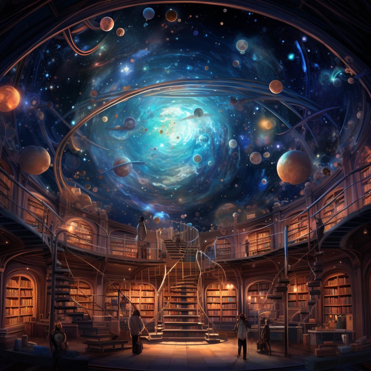 Interior of Planetarium, starry ceiling, telescope and Globe, shelves of books, star maps, soft lighting, mystery and silent, ultra-wide view, by Gabriel Yeganyan, Peter Mohrbacher and ghibli