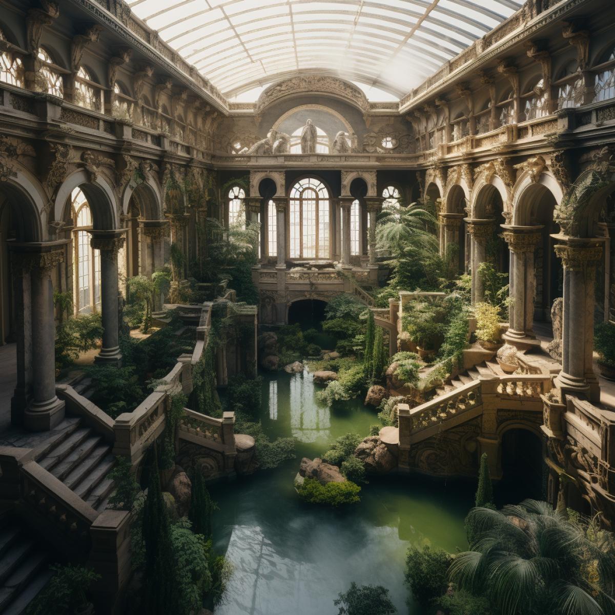 aerial interior view, inside the lost palace of the summer soul, towering grandiose architecture, interior waterfalls, water reflections, ornate and wondrous, landscape photography, 20mm lens, 8k