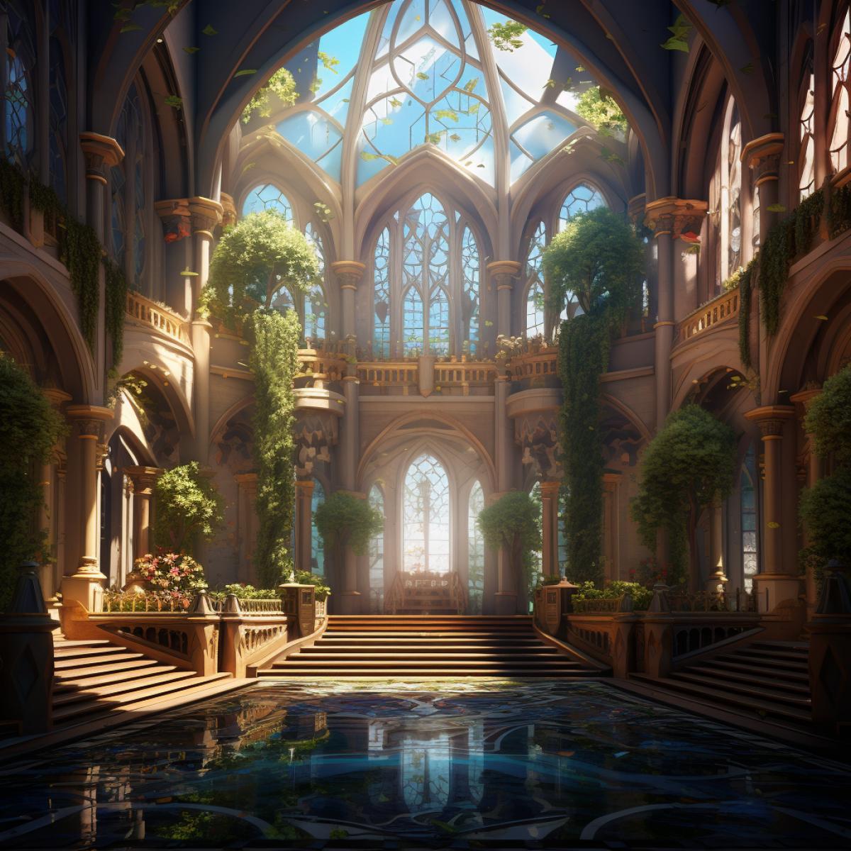 Beautiful fantasy renaissance castle interior courtyard with stunning oak trees, winter, hyperdetailed, beautiful lighting, observatory, windows, symmetry, shadows, Jordon grimmer, Grzegorz rutkowski, Breath of the wild, Studio ghibli