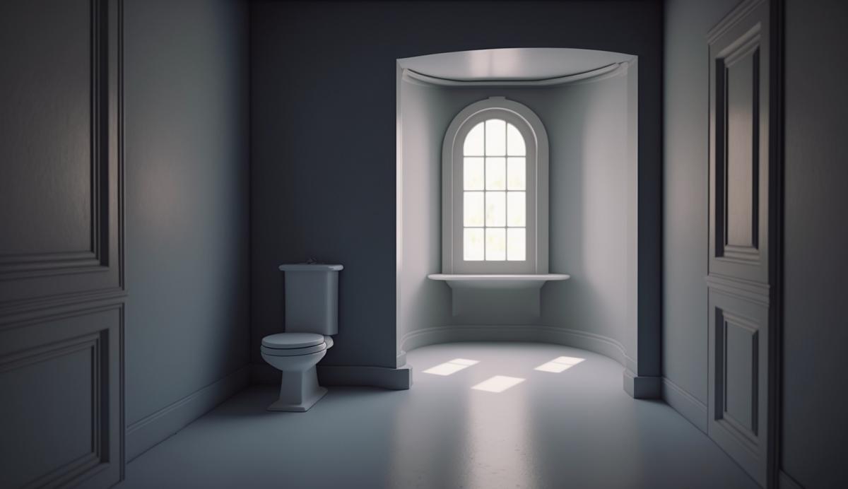 An empty room with large windows and a lonely toilet in the middle.