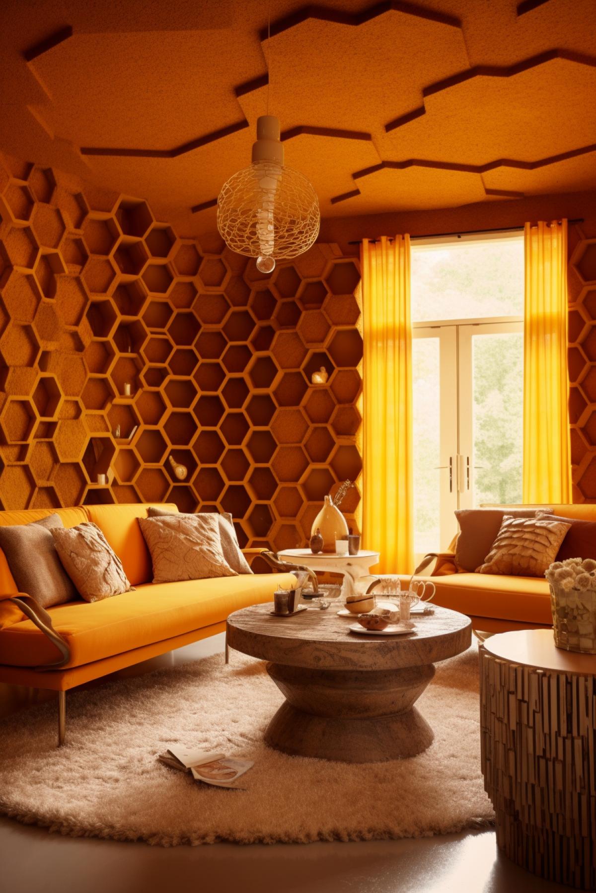 room resembling a beehive, inspired by bees, honeycombs, and honey. Incorporate bee-themed decor, honeycomb-patterned furniture, and a warm color palette reminiscent of honey tones.