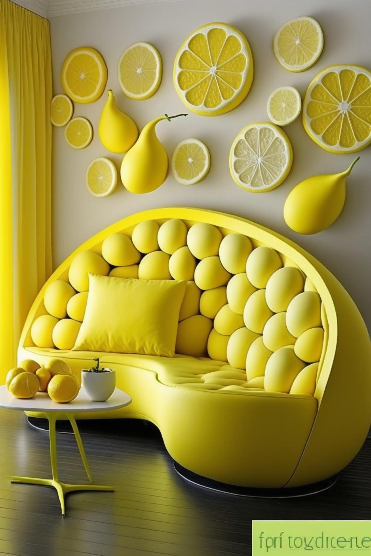 Lemon interior of the living room, lemons everywhere, furniture in the shape of lemons