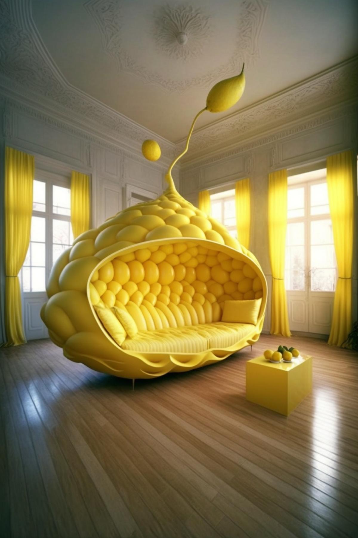Lemon interior of the living room, lemons everywhere, furniture in the shape of lemons