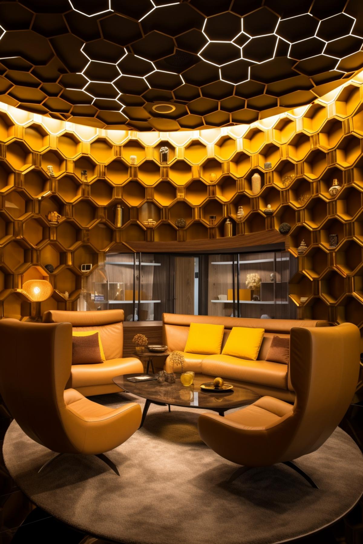 This artwork features a room designed to resemble a beehive, with a distinct bee and honey theme. The walls are adorned with hexagonal patterns reminiscent of honeycombs, and the color palette primarily consists of warm yellows and rich browns. The furniture and decor evoke the essence of a beehive, with honeycomb-shaped shelves and beehive-inspired seating. The lighting fixtures are designed to mimic the soft, golden glow of honey. Its a creative and unconventional interior that immerses viewers in a world of bees, honeycombs, and the sweet nectar of nature.