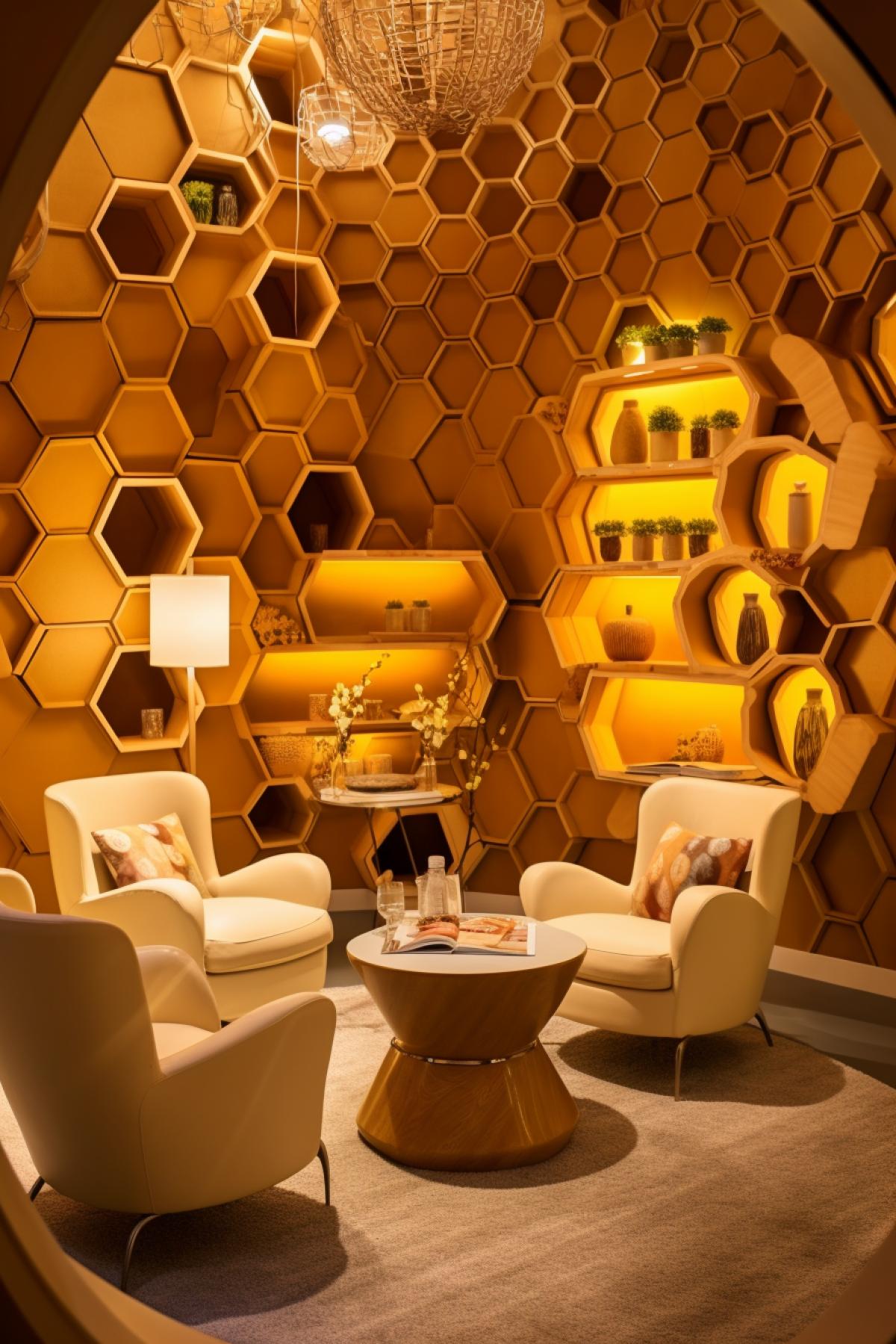 This artwork features a room designed to resemble a beehive, with a distinct bee and honey theme. The walls are adorned with hexagonal patterns reminiscent of honeycombs, and the color palette primarily consists of warm yellows and rich browns. The furniture and decor evoke the essence of a beehive, with honeycomb-shaped shelves and beehive-inspired seating. The lighting fixtures are designed to mimic the soft, golden glow of honey. Its a creative and unconventional interior that immerses viewers in a world of bees, honeycombs, and the sweet nectar of nature.
