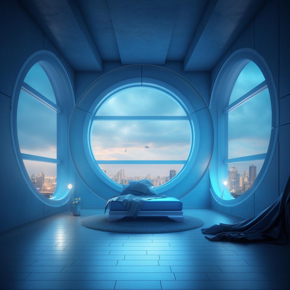 interior of the future, large windows, blue color, minimalism, stars outside the window, fairy tale, Dawn, non-standard forms