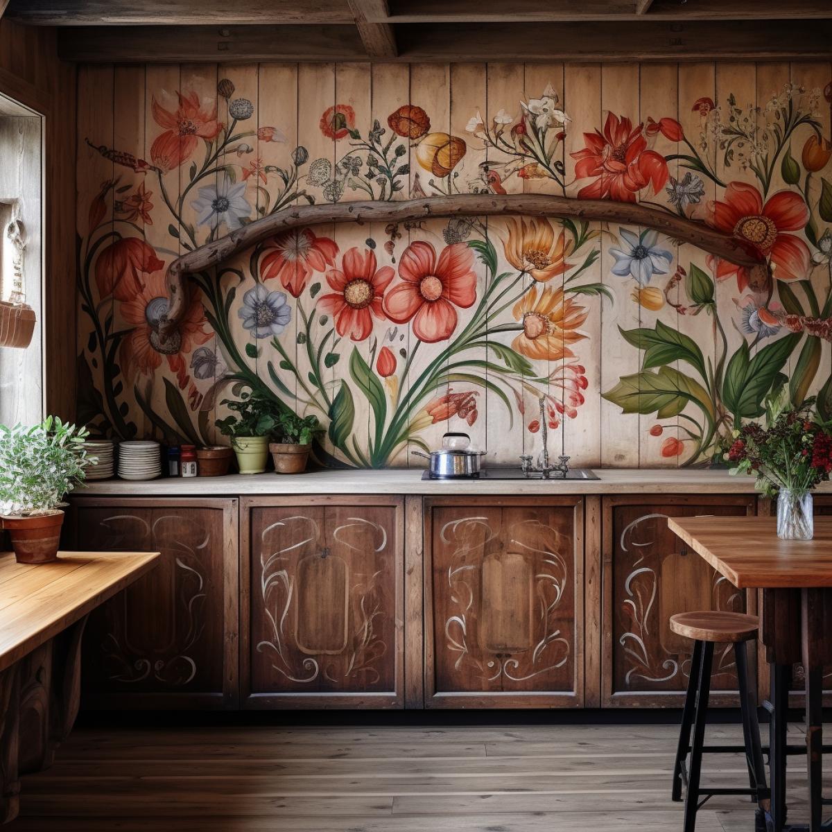 painted slavic floral mural on old wood wall in old log cabin with cozy rustic interior, kitchen counter
