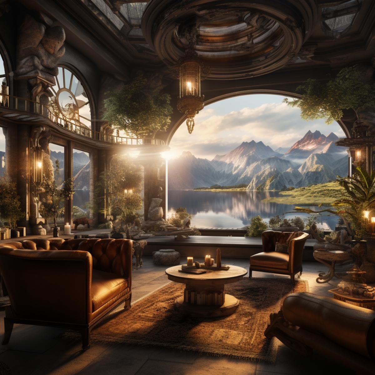 a living room with mountain views overlooking lake, in the style of fantasy art, uhd image, medieval, lively interiors, urban fairy tale, lively tavern scenes, dark white and amber