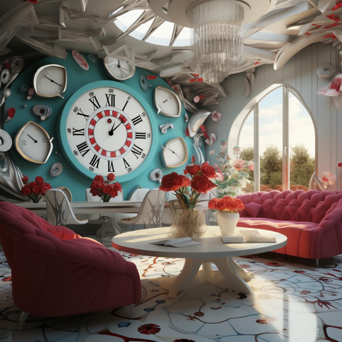 Interior in the style of Alice in Wonderland: creating a room as if it were in a magical land with huge flowers, playing cards and a strange clock
