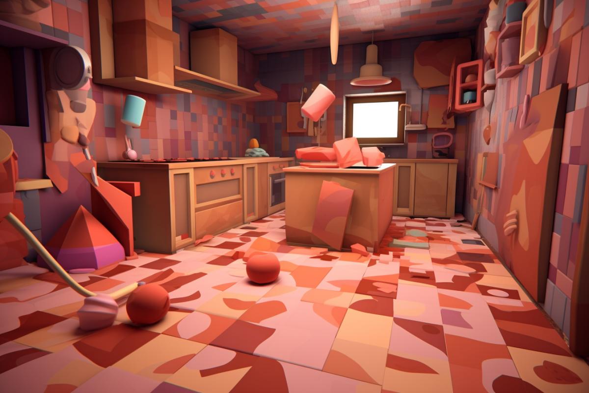Kitchen interior with hallucinations. Cubic kitchen in cubism style.