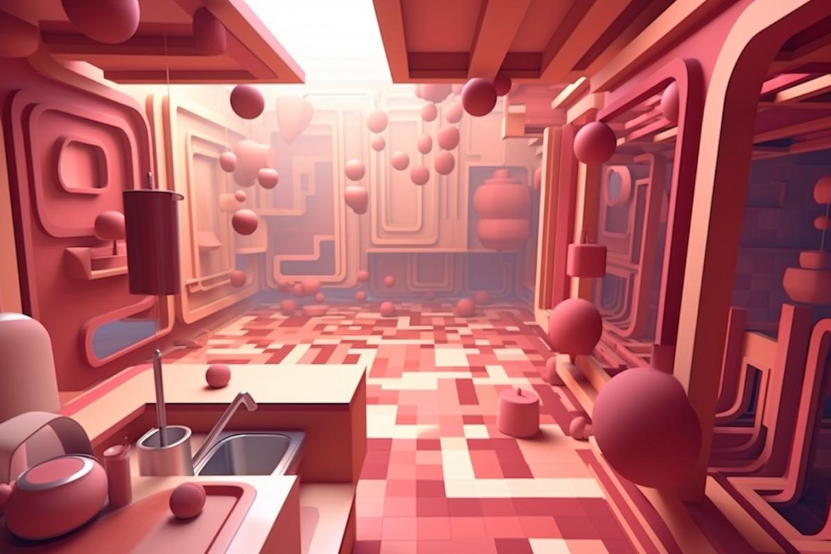 Kitchen interior with hallucinations. Cubic kitchen in cubism style.