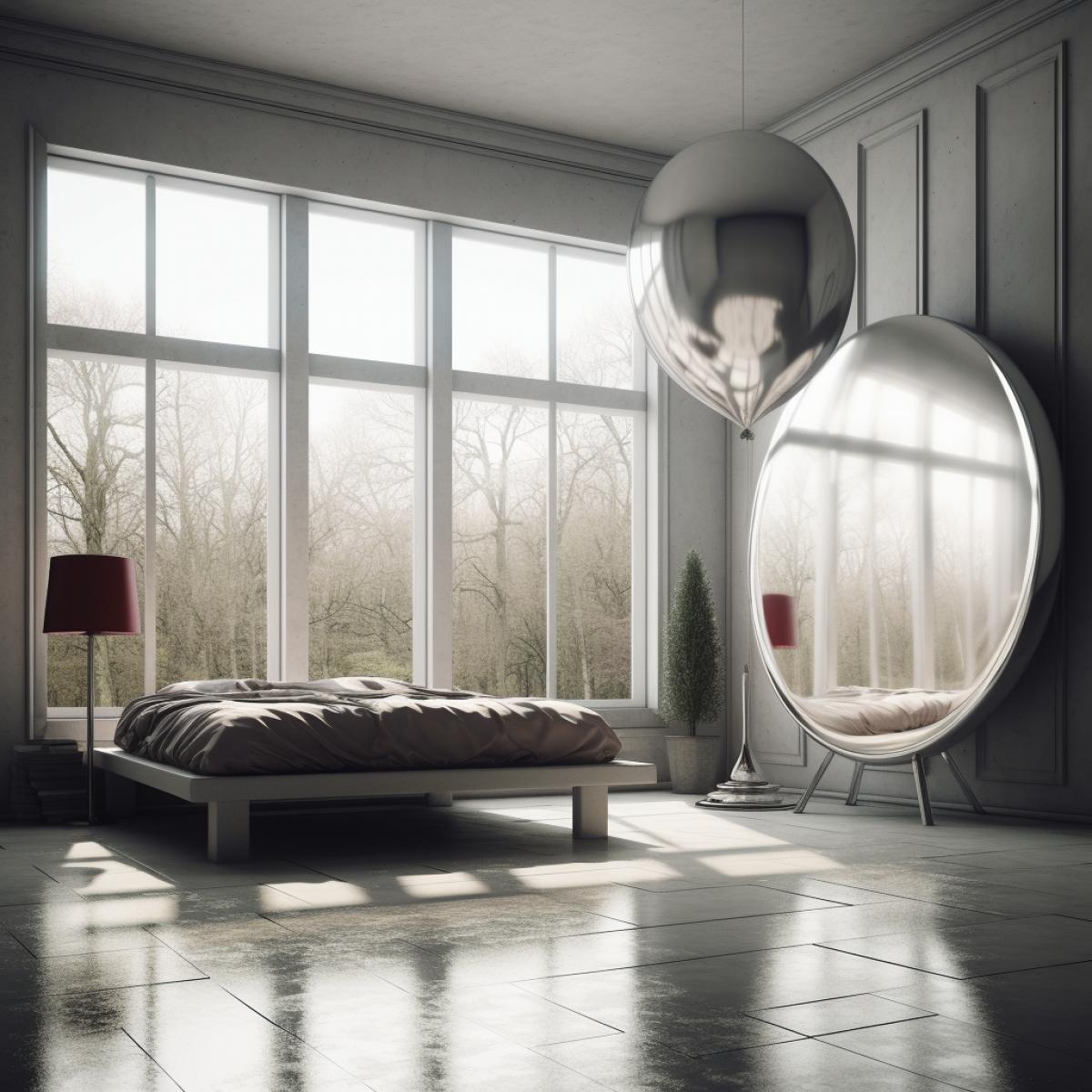 interior of the future, large windows, mirror, balloon bed, minimalism, flickering