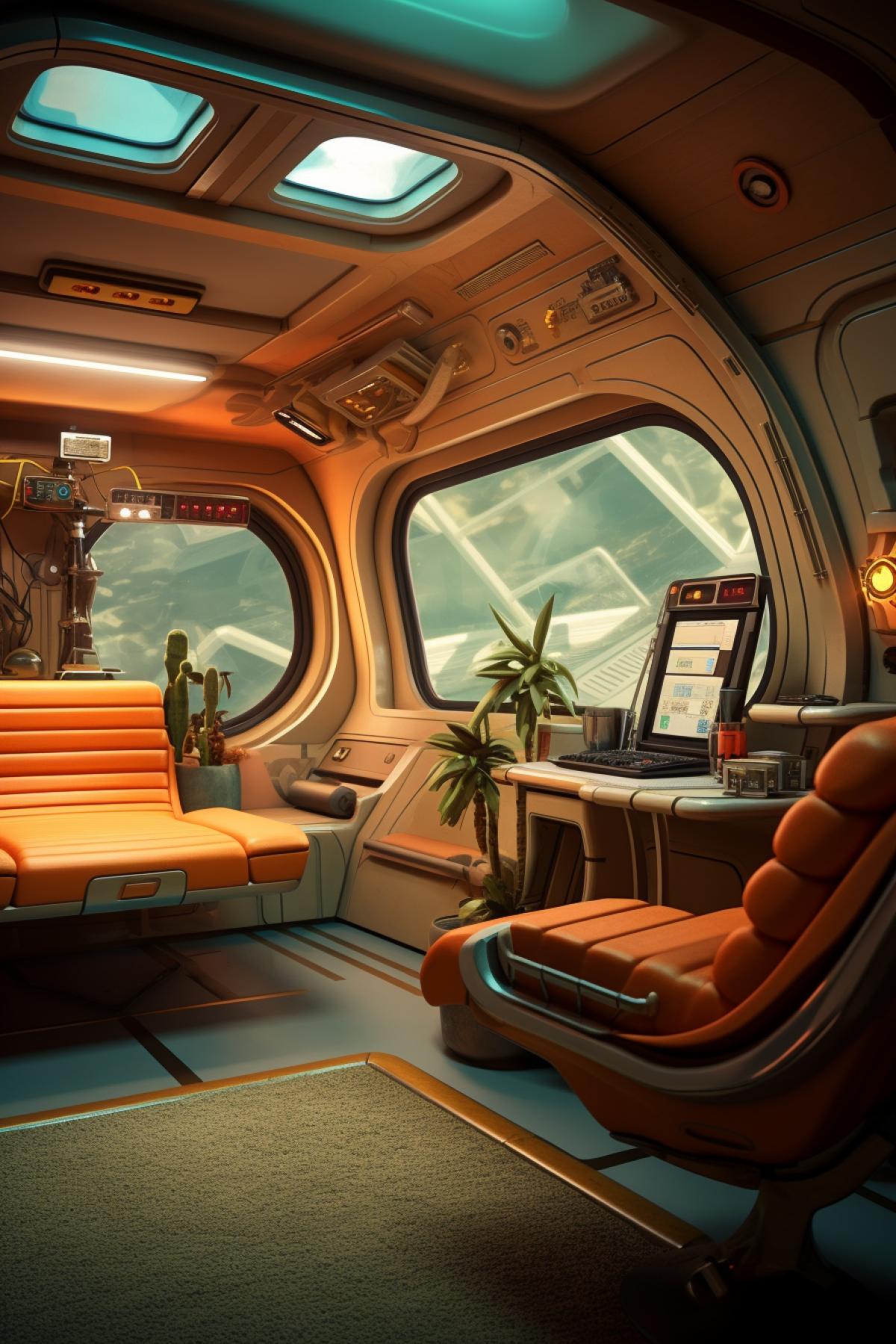 Interior of a spaceship cabin in retrofuturism style
