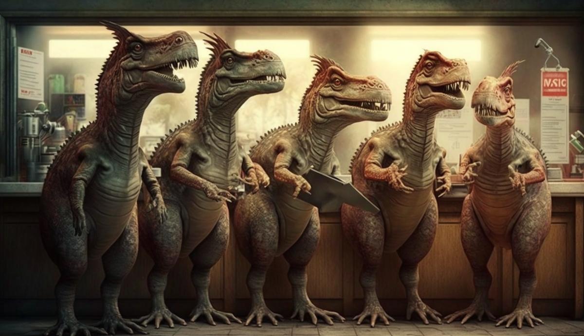 Dinosaurs stand in line at the cash register for fire extinguishers.