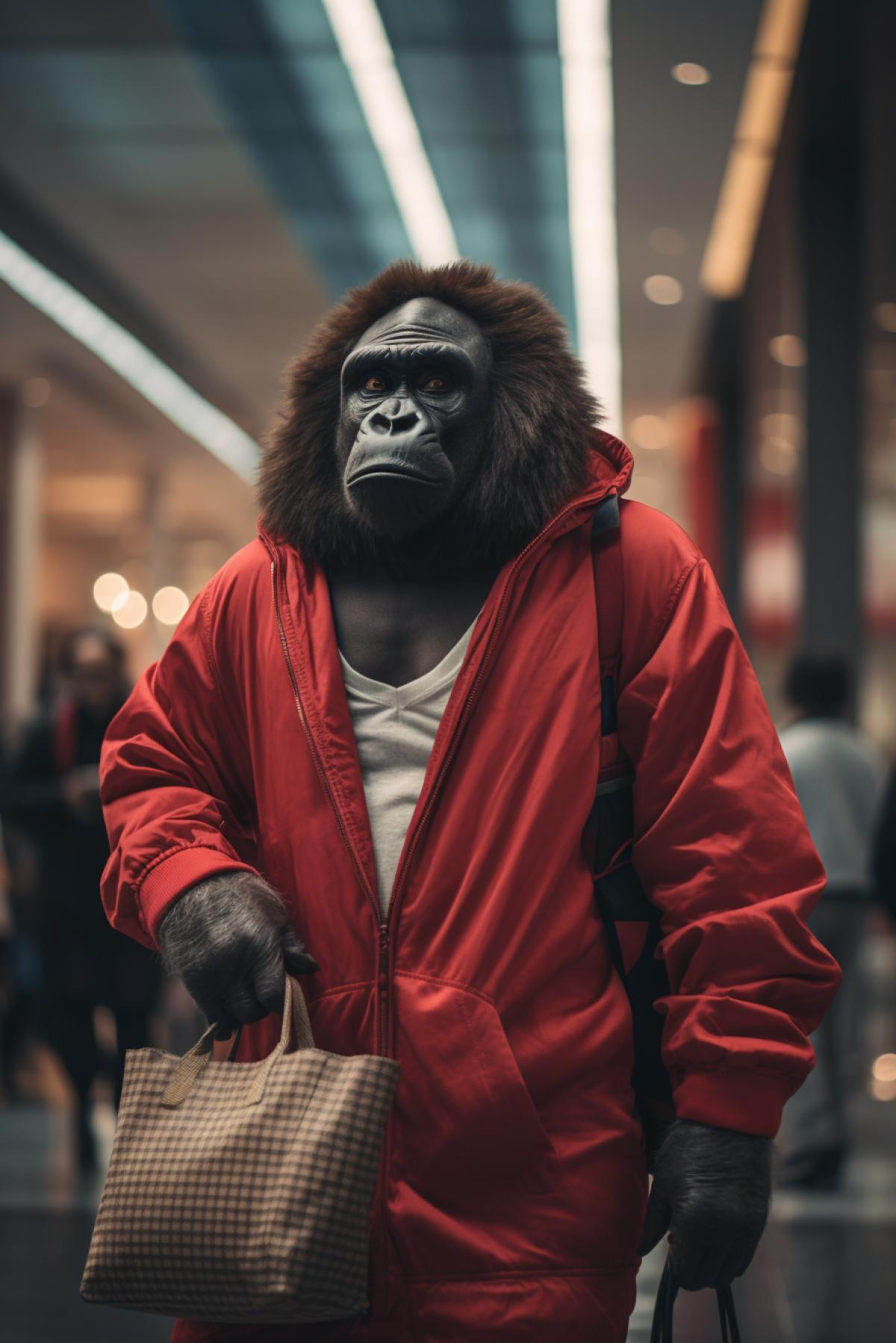 A gorilla with a human face in branded hip-hop clothing walks through a shopping center with bags.
