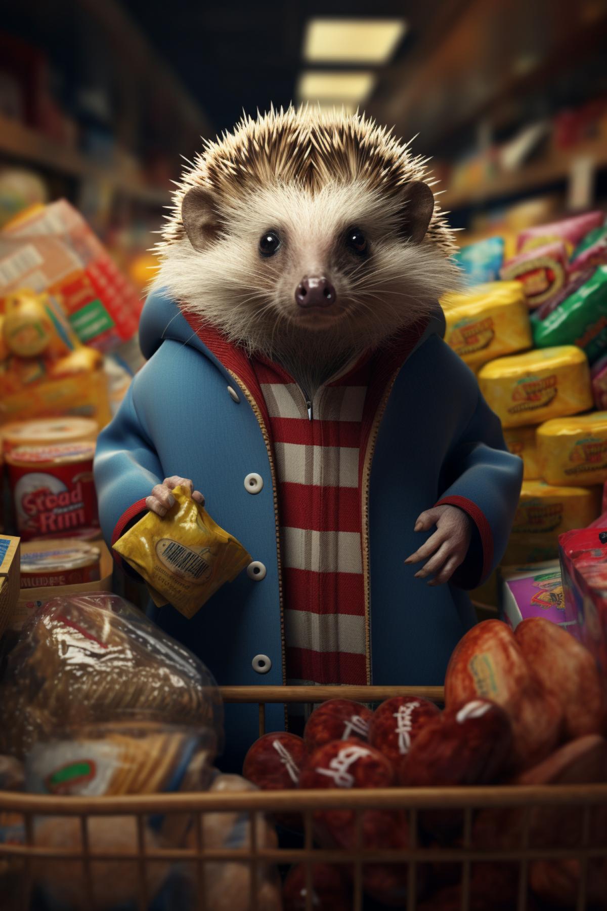 Anthropomorphic hedgehog in a supermarket