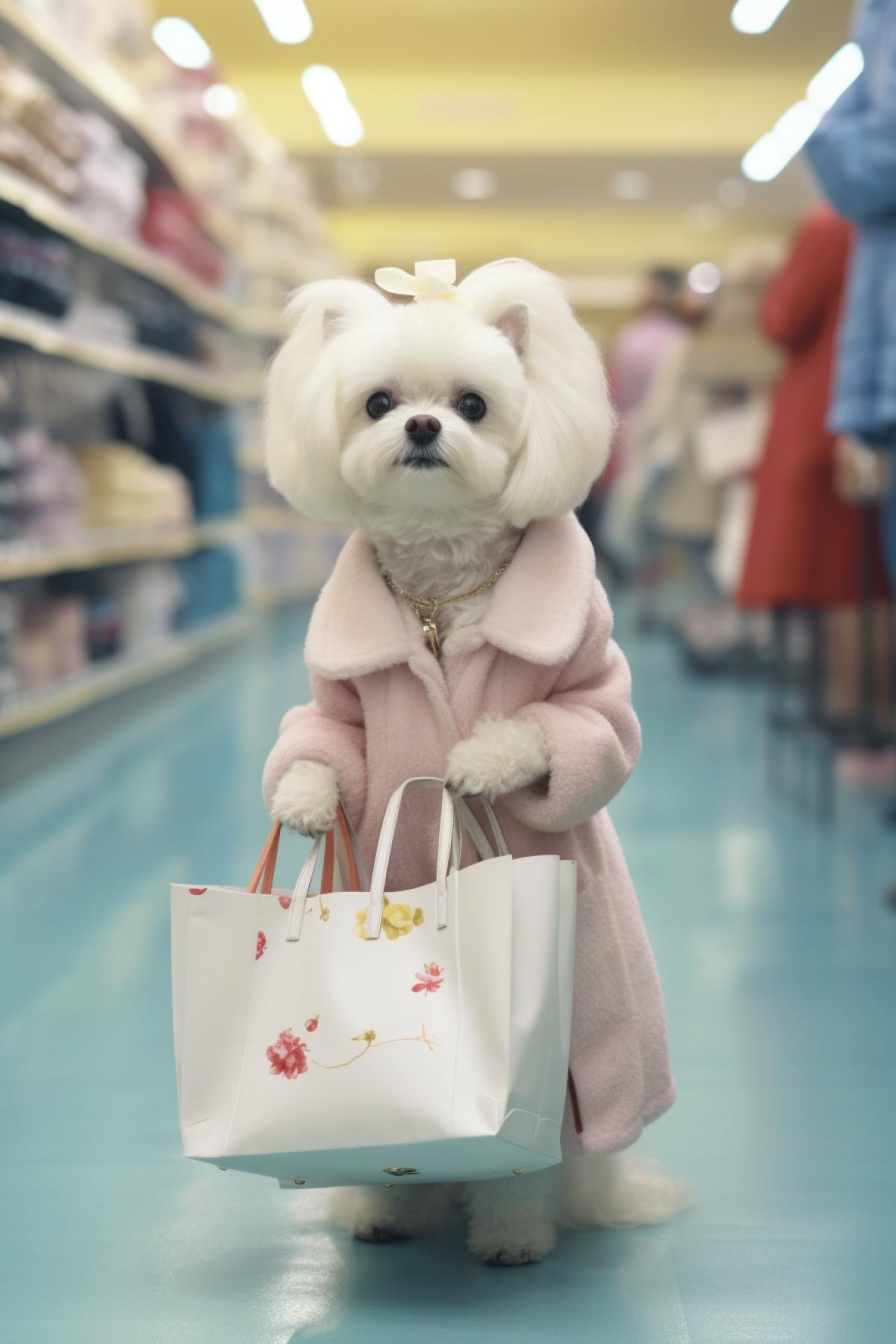 Hyper realistic, Cute white dog wearing a cute dress and holding shopping bags walking on a Supermarket, full body shot, anthropomorphic, realistic, Shot with 50mm lens, classic com4k, masterpiece, exquisite, color correction, stunning visual effects, crazy details, intricate details, sharp focus, high definition, 8k