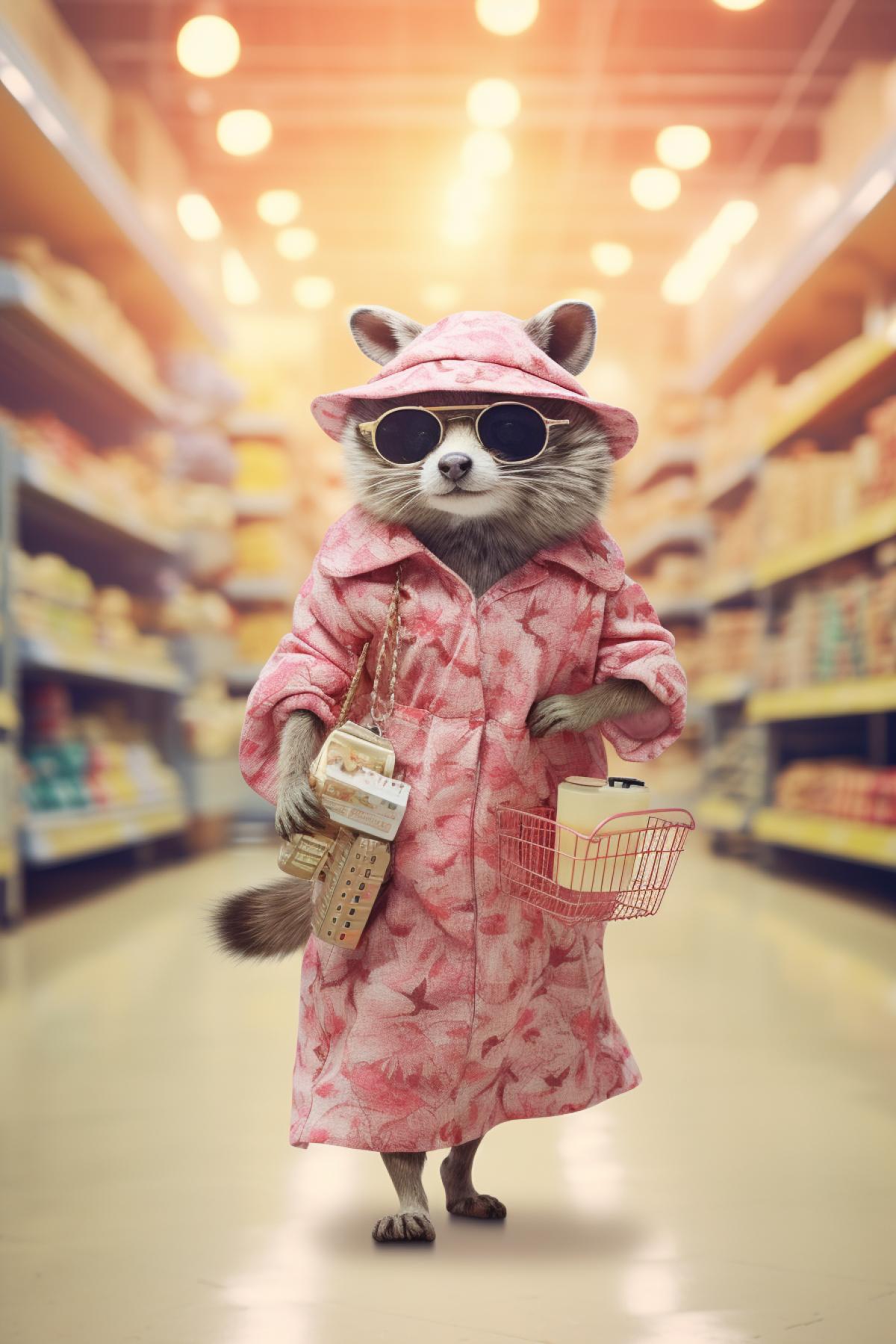Medium shot, anthropomorphic, full body, a standing chubby Raccoon looking like a child, wearing a pink striped hat, white rimmed round sunglasses, wearing a pink floral print dress, carrying a gold sequined slouchy bag, Supermarket in the background, Photography, Cinematic Lighting Effects, Advertisement Photography, Vintage Filters