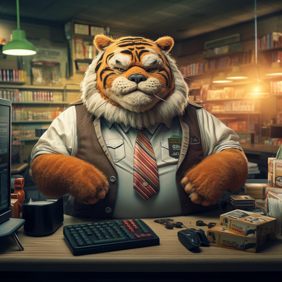 Anthropomorphic fat Tiger Supermarket cashier + sedentary lifestyle concept + studio photograph, fine ultra-detailed realistic, ultra photorealistic, high definition + dynamic com4k, incredibly detailed, sharpen, details + intricate detail + professional lighting, film lighting + 35mm + lightroom + cinematography + bokeh + lens flare + film grain + HDR10 + 8K