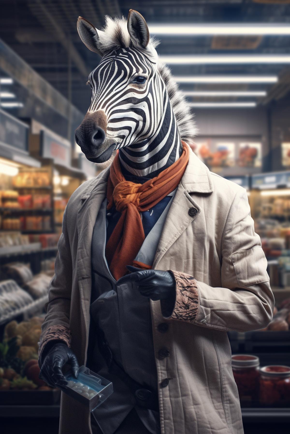 an anthropomorphic zebra dressed as a travel guide, fantasy, supermarket background