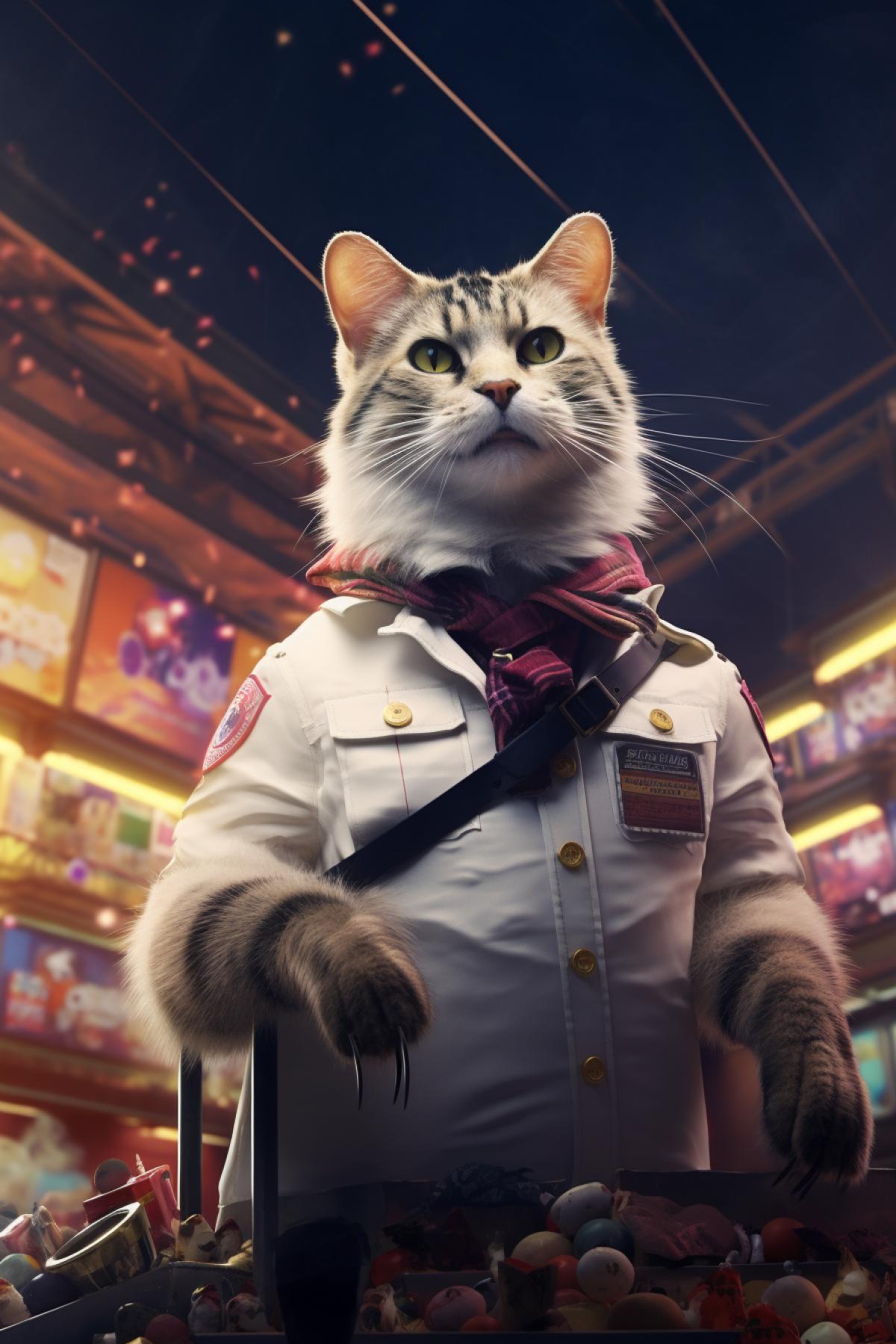 hyperrealistic, Anthropomorphic Cat Freddie Mercury Inspired, supermarket background