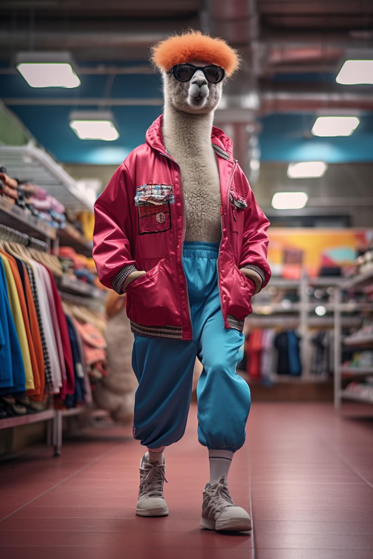 photography of a anthropomorphic alpaca dressed in large hiphop clothes from 1980s, wearing sneakers, Sony Alpha α7, ISO1900, volumetric lighting,the background must be supermarket