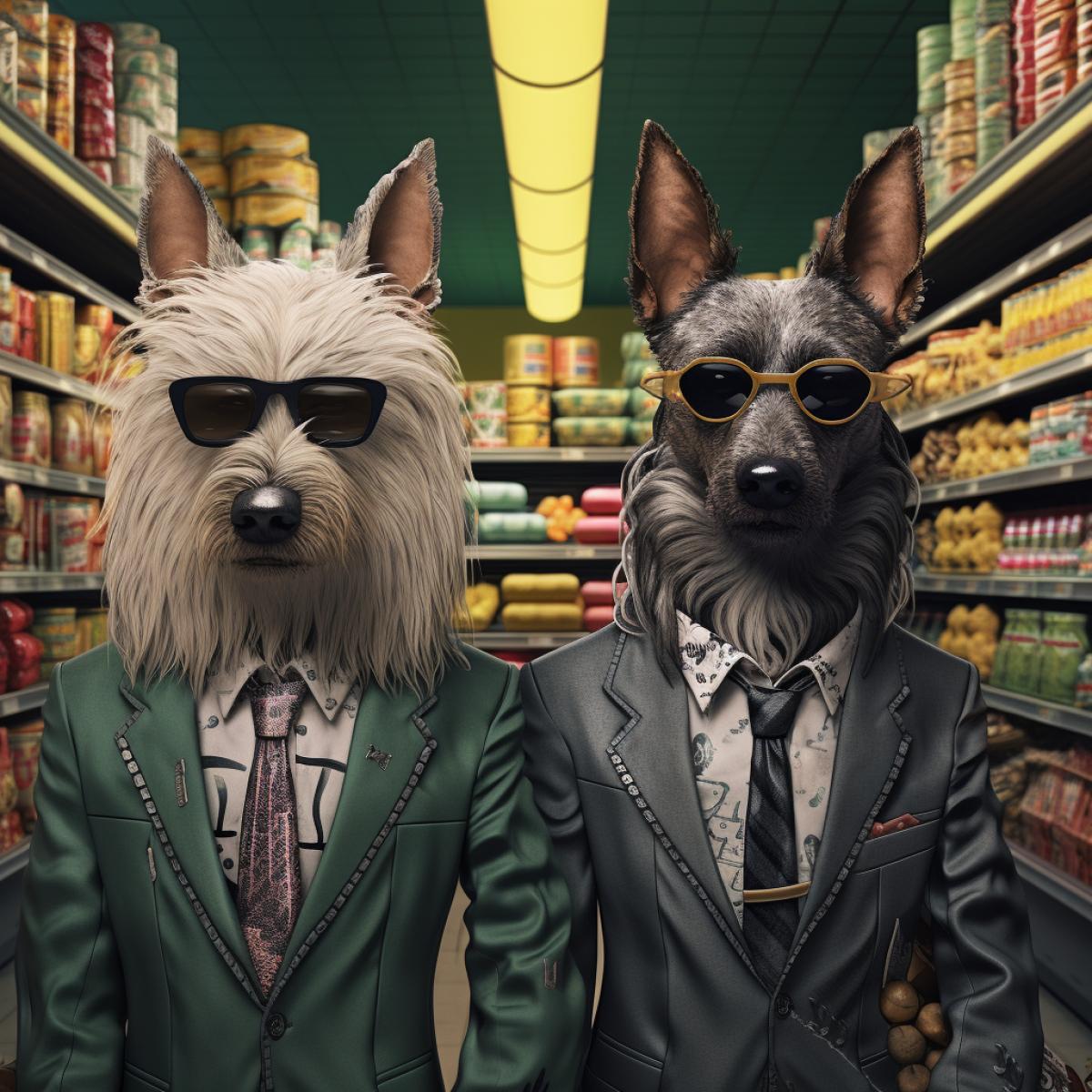 2 anthropomorphic dogs in supermarket, punk style, with suits and t-shirts, ties, sunglasses, punk hairstyles, 80s music band style, incredibly detailed and intricate, hypermaximalistic, elegant, hyperrealistic, superdetailed, photography, photorealistic, supermarket background